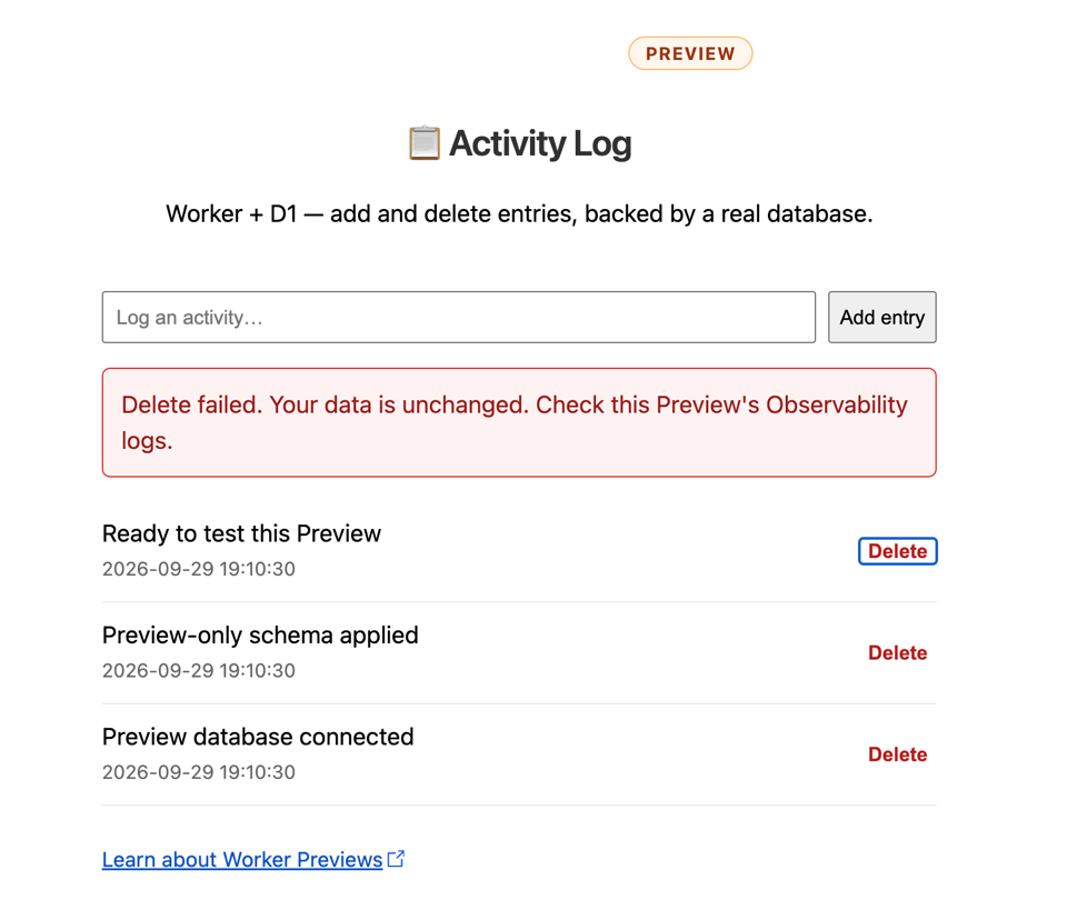 The Preview Activity Log with three Preview seed rows and a red error: Delete failed. Your data is unchanged. Check this Preview's Observability logs.