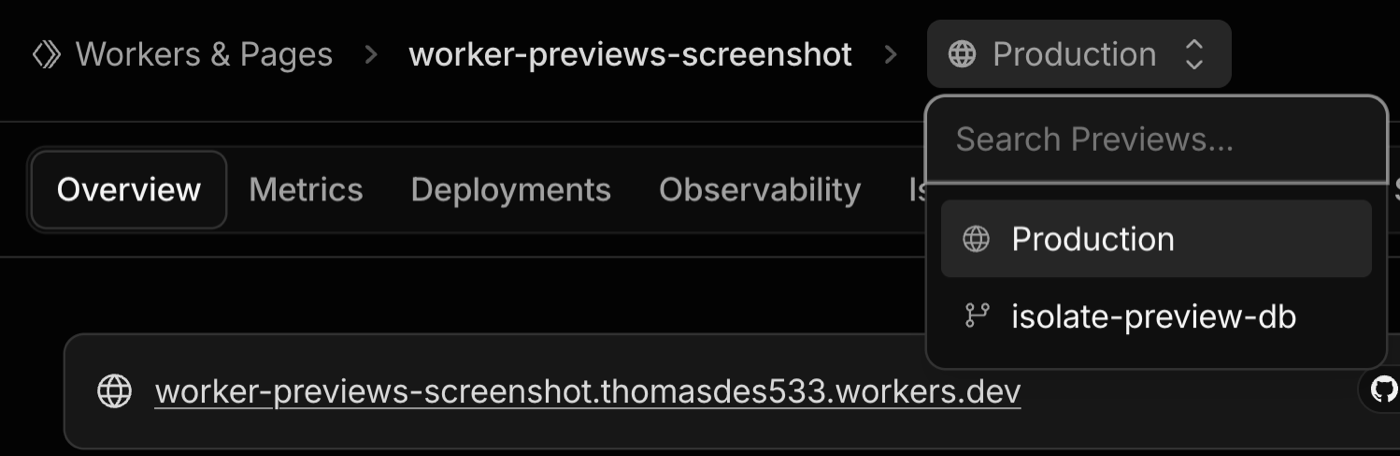 The Cloudflare dashboard Worker header with the environment dropdown open, showing Production and the isolate-preview-db branch.