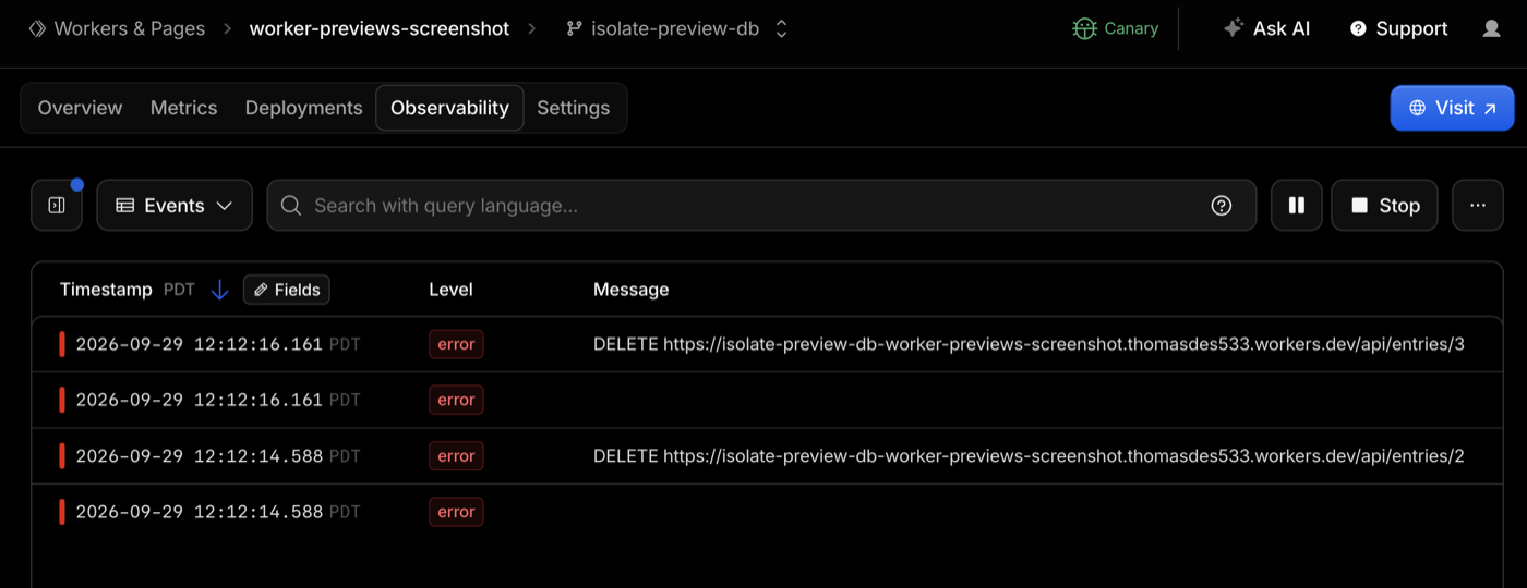 The Observability tab with isolate-preview-db selected in the Worker header, listing error-level events for DELETE requests to the Preview URL.