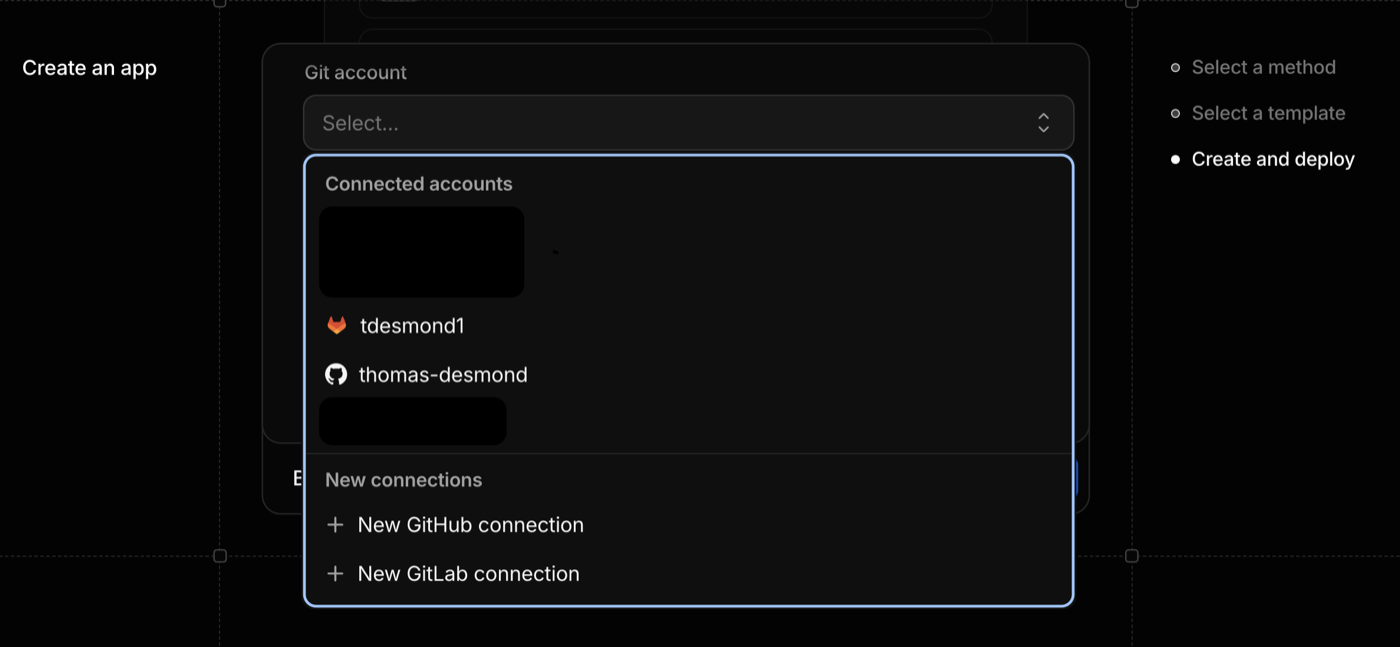 The Git account dropdown in the deploy form, listing connected GitHub and GitLab accounts and options to add a new connection.