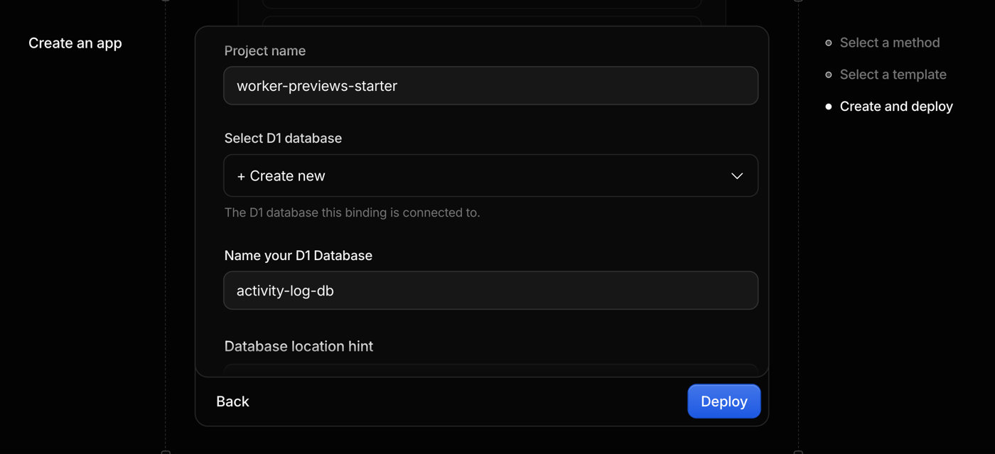 The deploy form with project name worker-previews-starter, Create new selected for the D1 database, and the database named activity-log-db.