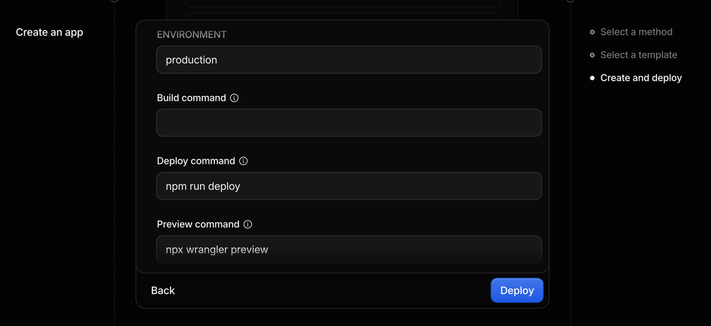 The deploy form showing ENVIRONMENT set to production, an empty build command, deploy command npm run deploy, and preview command npx wrangler preview.