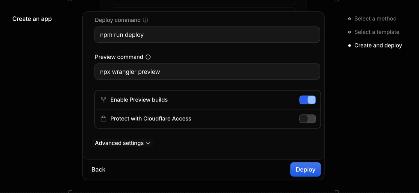 The bottom of the deploy form with Enable Preview builds switched on and Protect with Cloudflare Access switched off, next to the Deploy button.